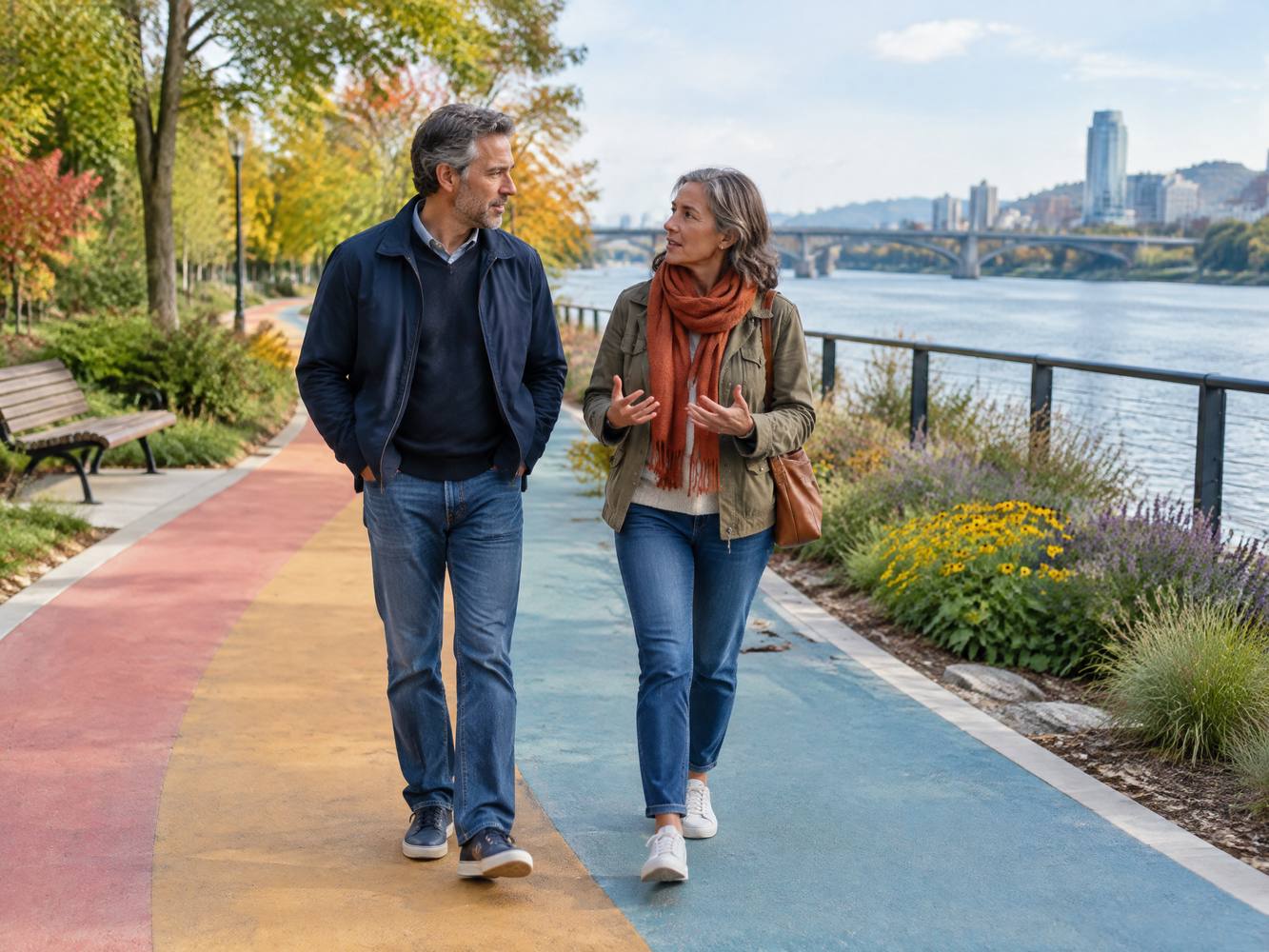 Two adults walking side by side and listening respectfully.