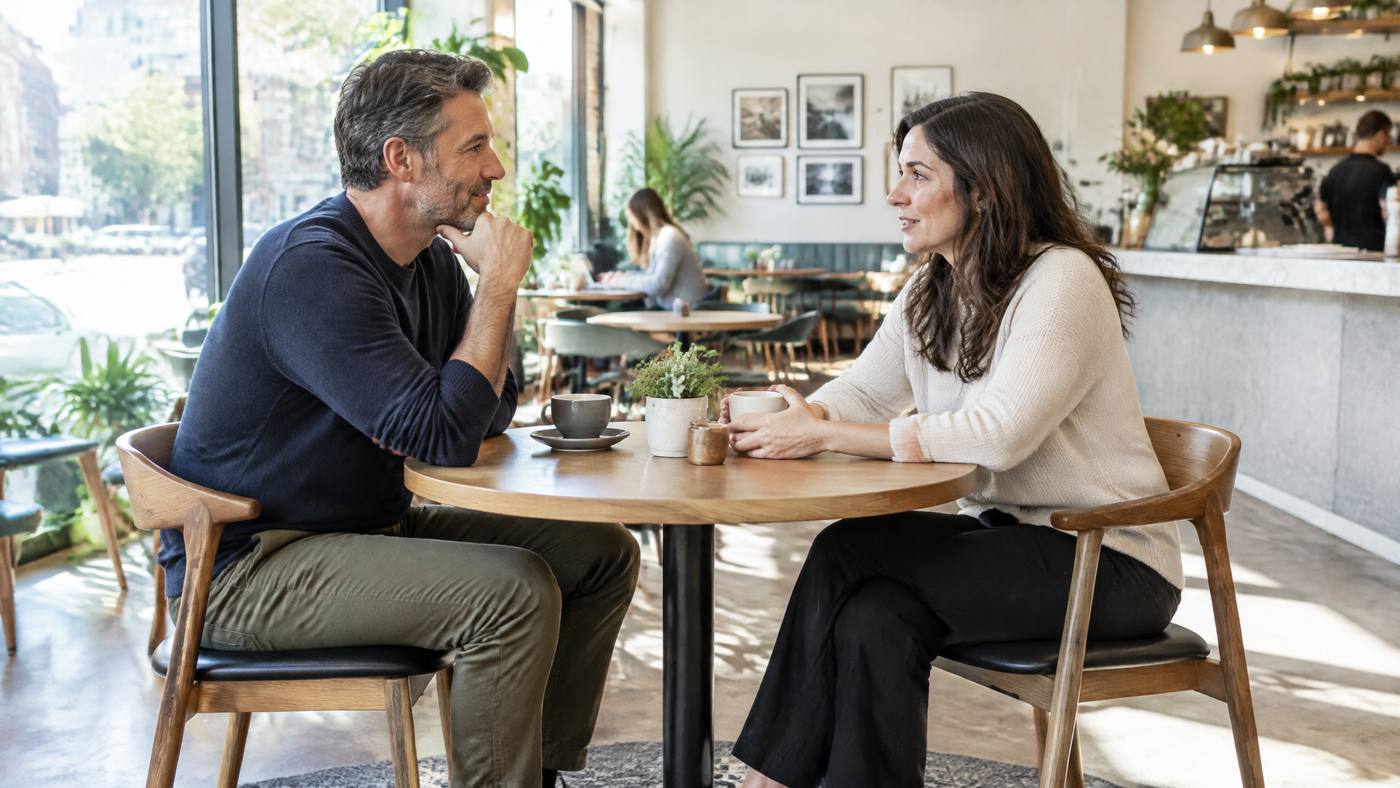 Two adults having a thoughtful conversation at a bright cafe.