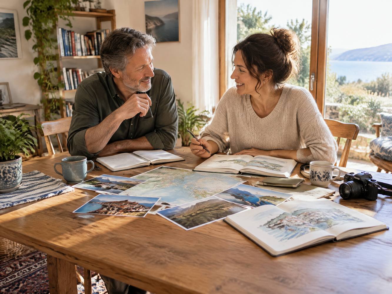 Two adults planning shared interests at a sunny table.